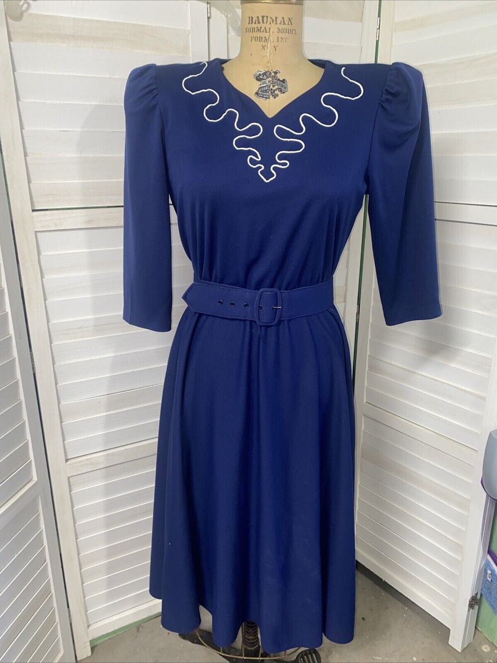 Vtg 80s Whirlaway Frocks Navy 3/4 Sleeves Pleated Belted Fit & Flare Dress Sz 10